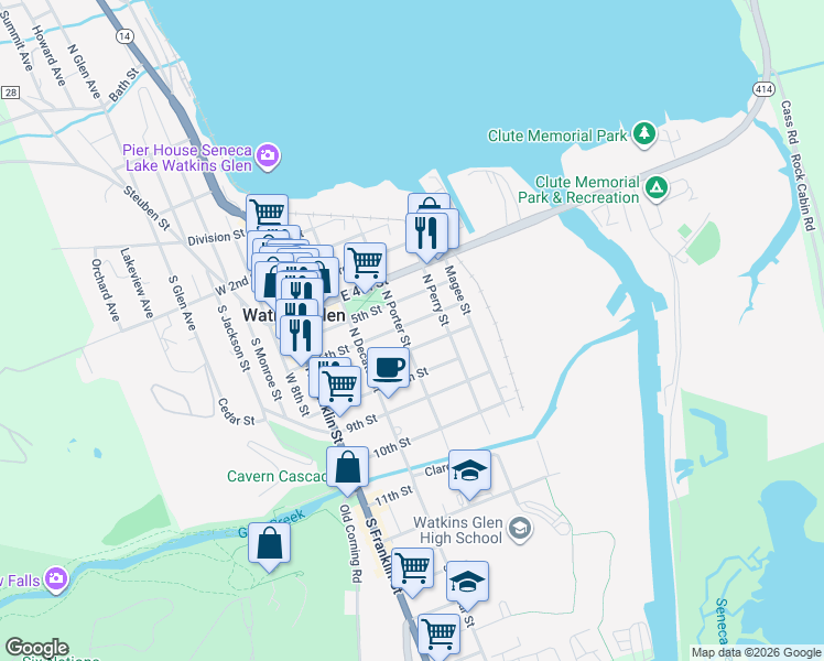 map of restaurants, bars, coffee shops, grocery stores, and more near 215 7th Street in Watkins Glen