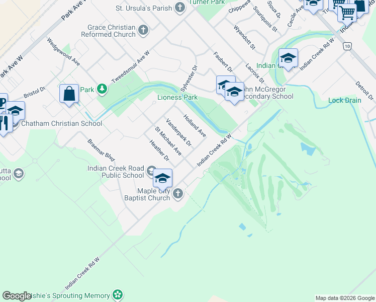 map of restaurants, bars, coffee shops, grocery stores, and more near 114 Holland Avenue in Chatham-Kent