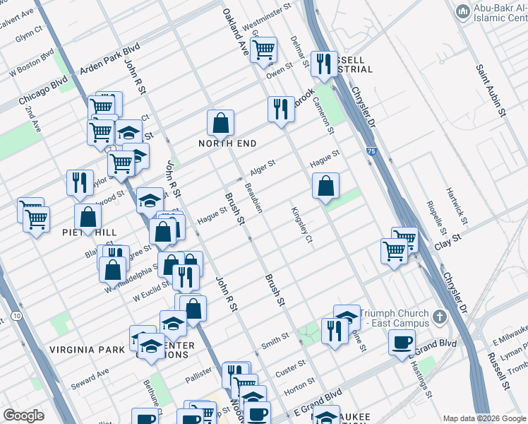 map of restaurants, bars, coffee shops, grocery stores, and more near 420 East Philadelphia Street in Detroit
