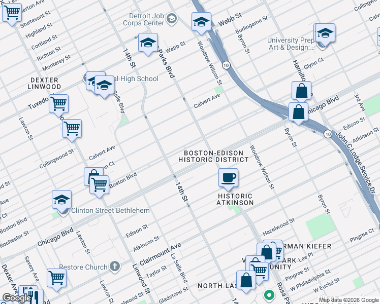 map of restaurants, bars, coffee shops, grocery stores, and more near 2030 Chicago Boulevard in Detroit