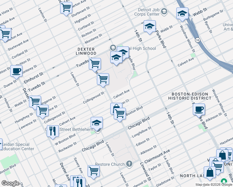 map of restaurants, bars, coffee shops, grocery stores, and more near 2541 Calvert Avenue in Detroit