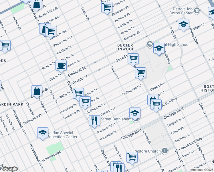 map of restaurants, bars, coffee shops, grocery stores, and more near 3044 Lawrence Street in Detroit