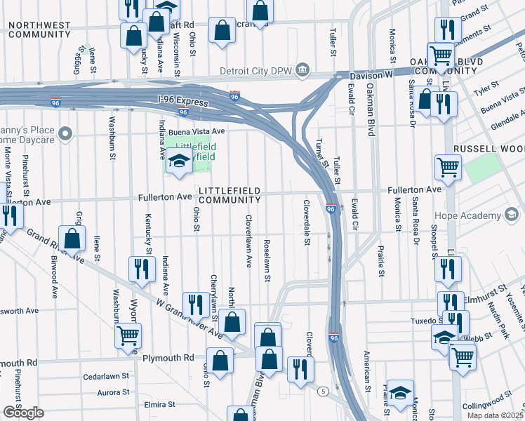 map of restaurants, bars, coffee shops, grocery stores, and more near 12324 Cloverlawn Avenue in Detroit