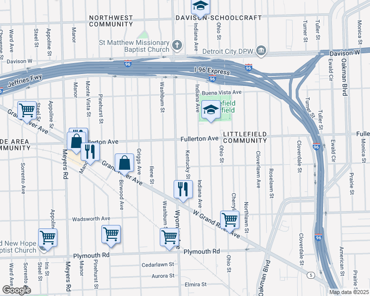 map of restaurants, bars, coffee shops, grocery stores, and more near 12326 Wyoming Avenue in Detroit
