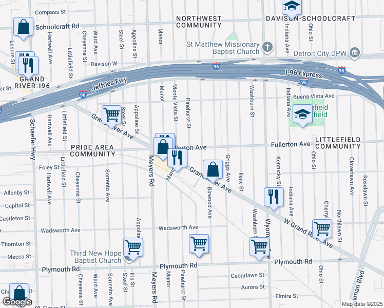 map of restaurants, bars, coffee shops, grocery stores, and more near 12435 Mendota Street in Detroit