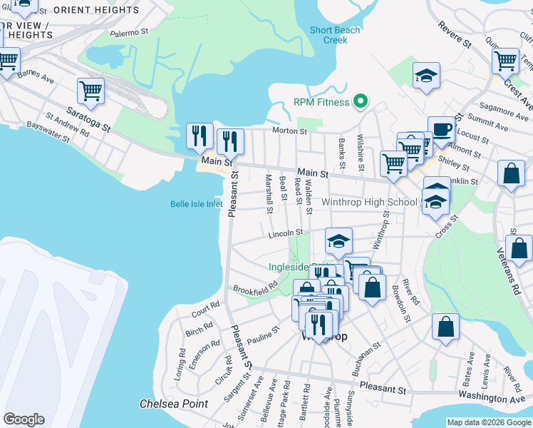 map of restaurants, bars, coffee shops, grocery stores, and more near 32 Marshall Street in Winthrop