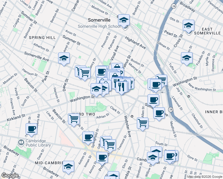map of restaurants, bars, coffee shops, grocery stores, and more near 261 Washington Street in Somerville