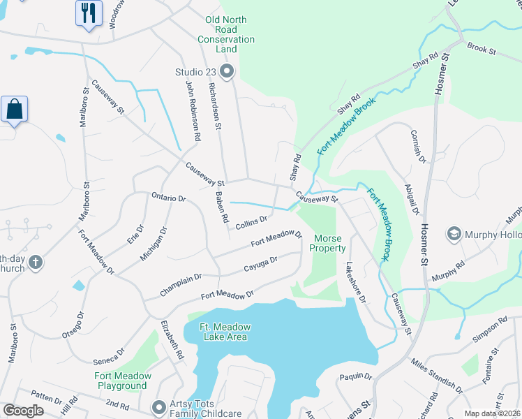 map of restaurants, bars, coffee shops, grocery stores, and more near 14 Collins Drive in Hudson