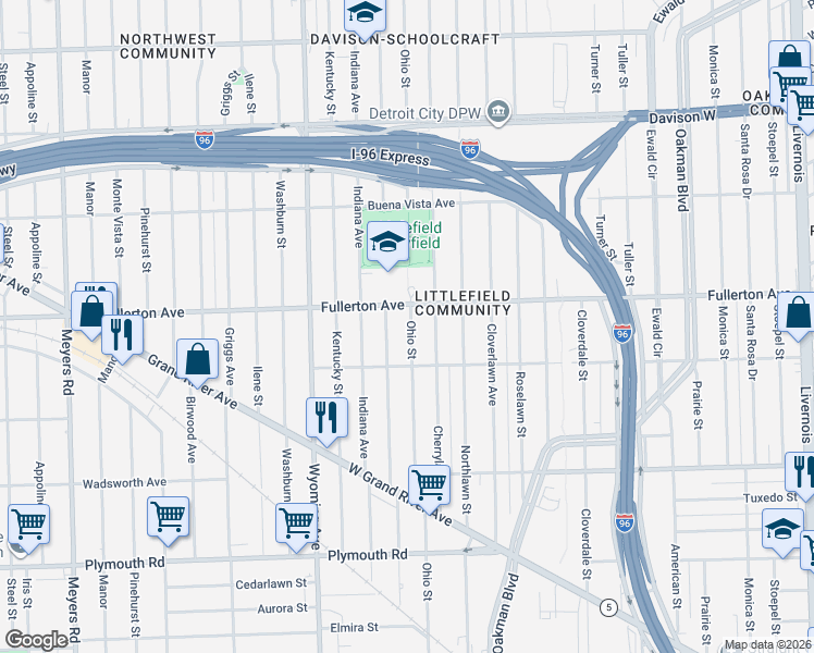 map of restaurants, bars, coffee shops, grocery stores, and more near 12332 Wisconsin Street in Detroit
