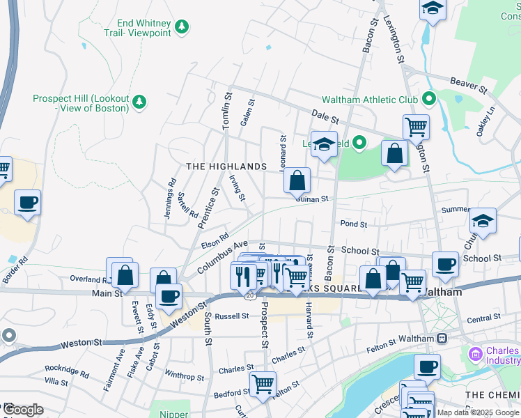 map of restaurants, bars, coffee shops, grocery stores, and more near 88 Hammond Street in Waltham