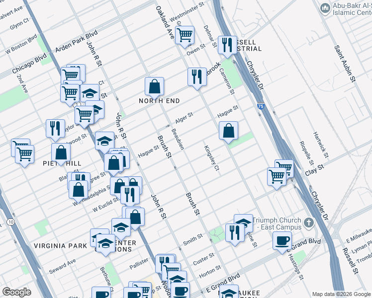 map of restaurants, bars, coffee shops, grocery stores, and more near 420 East Philadelphia Street in Detroit