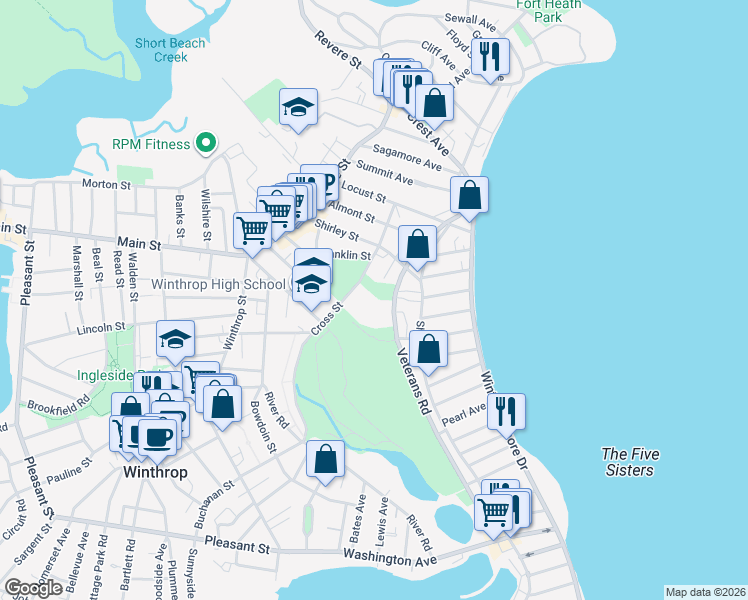 map of restaurants, bars, coffee shops, grocery stores, and more near 100 Cross Street in Winthrop