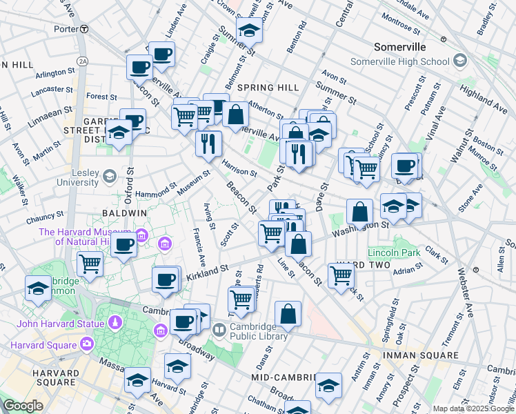 map of restaurants, bars, coffee shops, grocery stores, and more near 6 Shady Hill Square in Cambridge