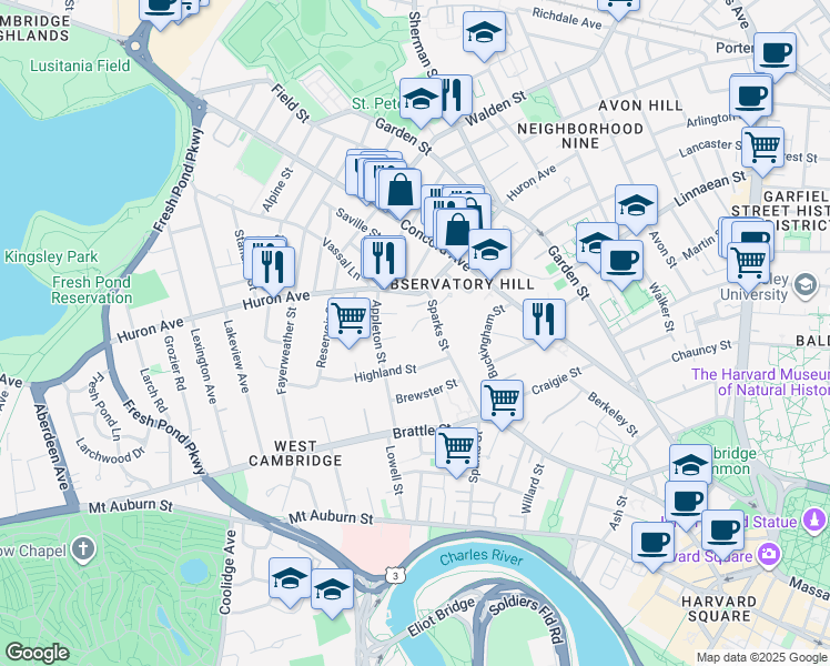 map of restaurants, bars, coffee shops, grocery stores, and more near 12 Hemlock Road in Cambridge
