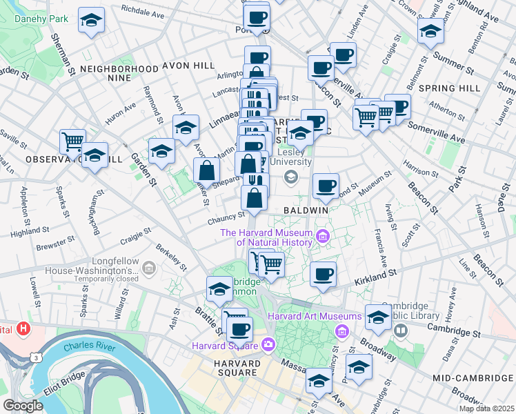 map of restaurants, bars, coffee shops, grocery stores, and more near 1607 Massachusetts Avenue in Cambridge