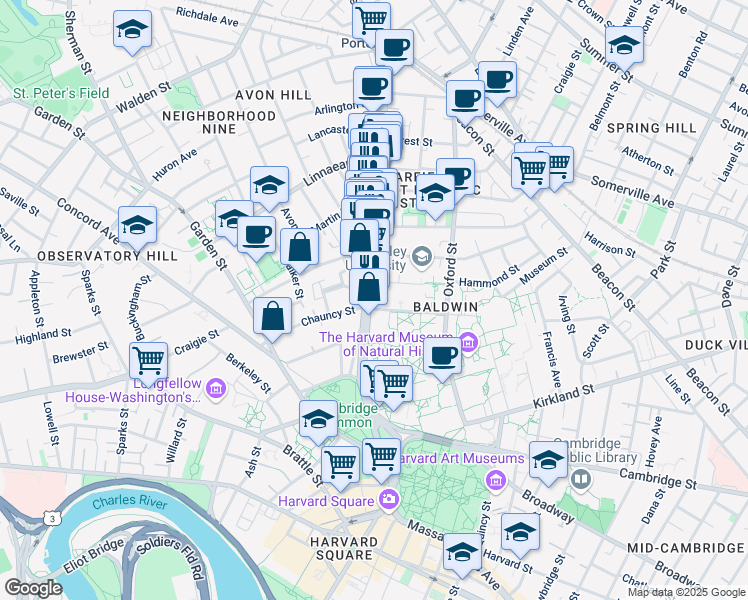 map of restaurants, bars, coffee shops, grocery stores, and more near 1607 Massachusetts Avenue in Cambridge