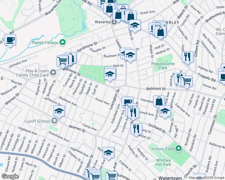 map of restaurants, bars, coffee shops, grocery stores, and more near 362 Lexington Street in Watertown