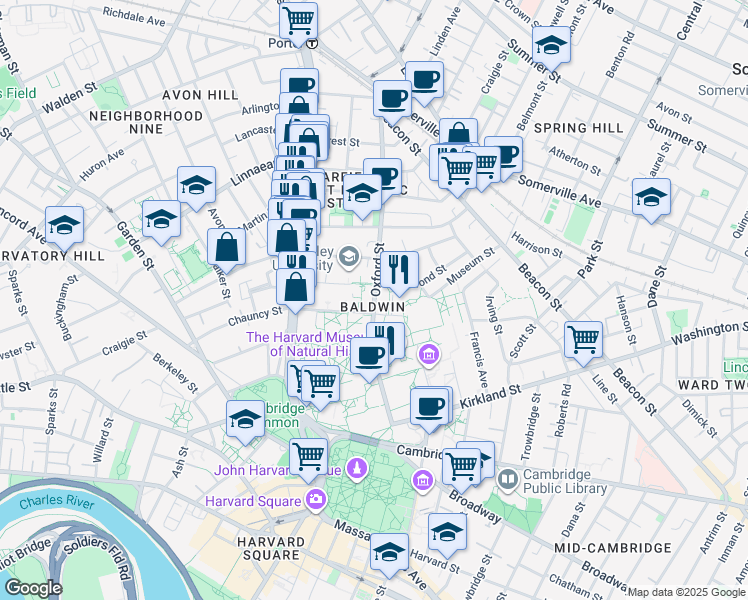 map of restaurants, bars, coffee shops, grocery stores, and more near Oxford Street in Cambridge
