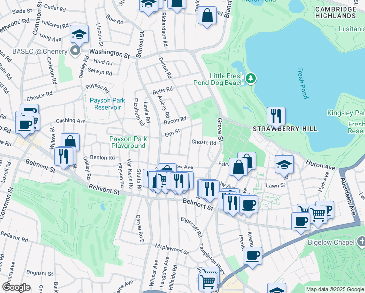 map of restaurants, bars, coffee shops, grocery stores, and more near 34 Skahan Road in Belmont