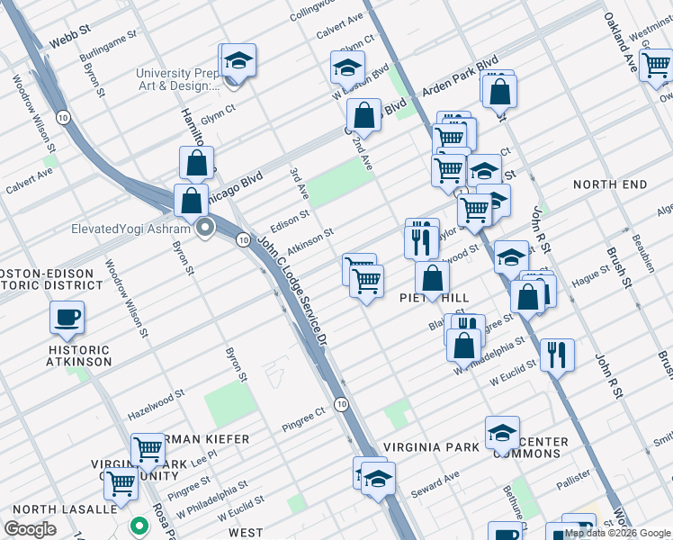 map of restaurants, bars, coffee shops, grocery stores, and more near 9115 3rd Avenue in Detroit