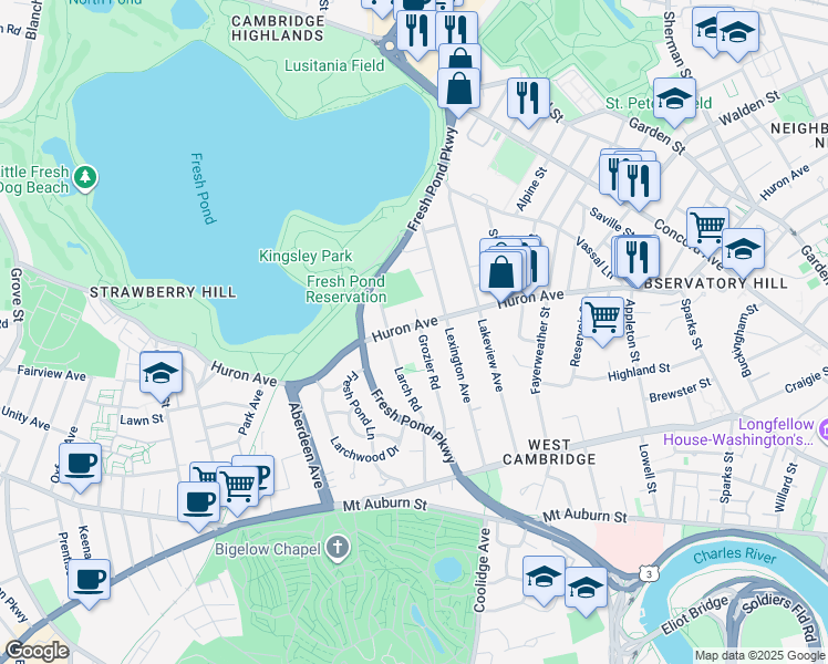 map of restaurants, bars, coffee shops, grocery stores, and more near 90-92 Grozier Road in Cambridge