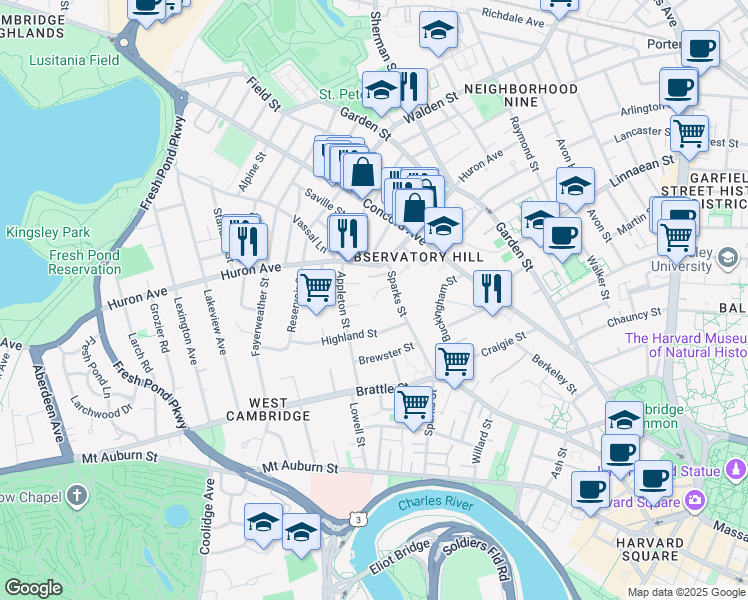 map of restaurants, bars, coffee shops, grocery stores, and more near 12 Hemlock Road in Cambridge