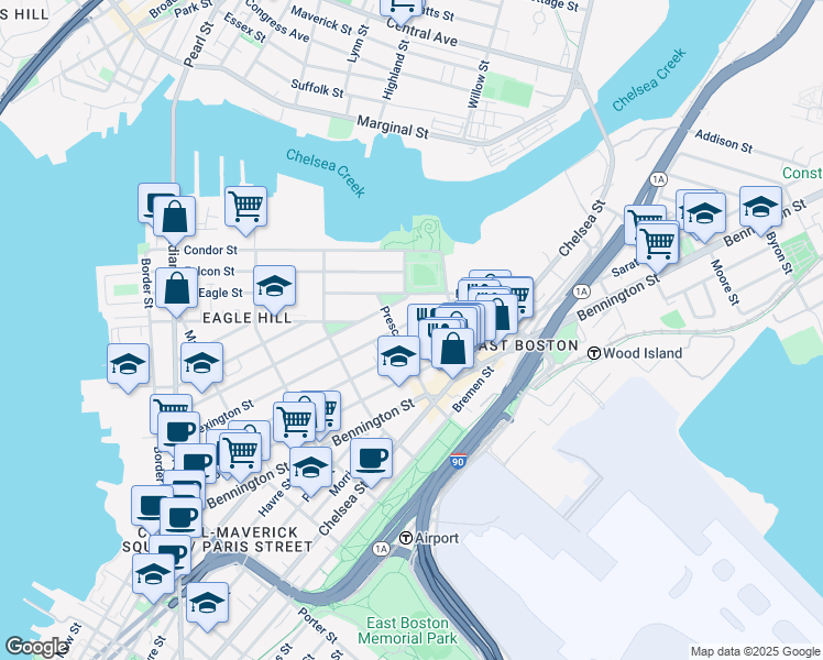 map of restaurants, bars, coffee shops, grocery stores, and more near 286 Lexington Street in Boston