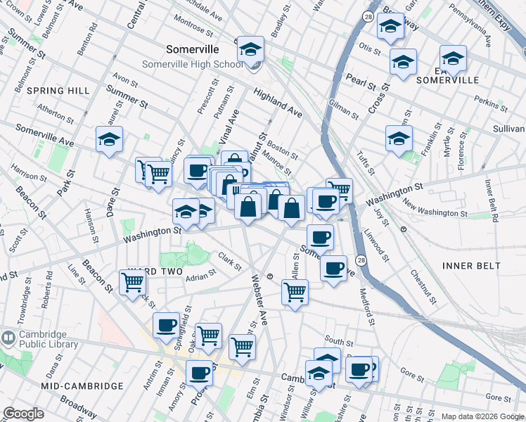 map of restaurants, bars, coffee shops, grocery stores, and more near 13 Warren Avenue in Somerville