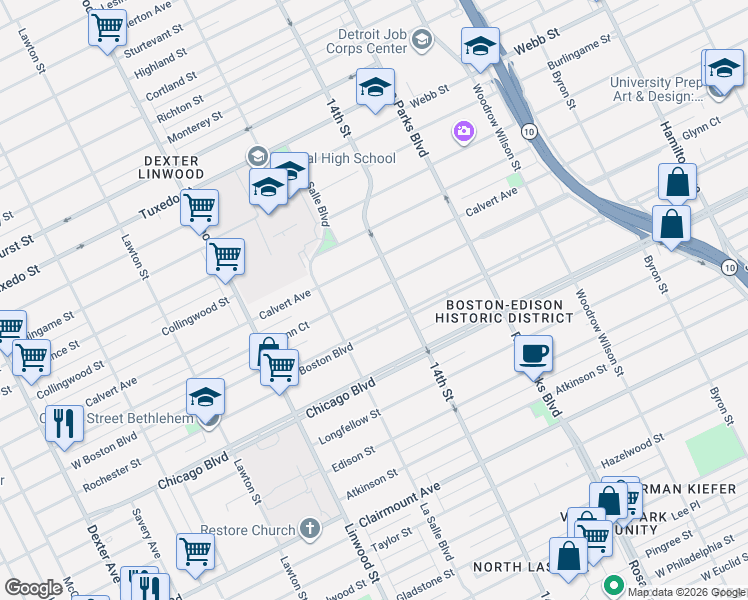 map of restaurants, bars, coffee shops, grocery stores, and more near 2236 Glynn Court in Detroit