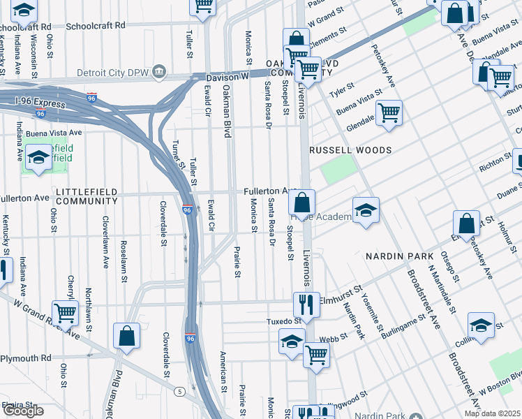 map of restaurants, bars, coffee shops, grocery stores, and more near 12420 Monica Street in Detroit