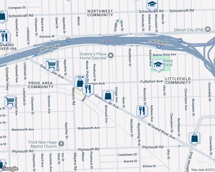 map of restaurants, bars, coffee shops, grocery stores, and more near 12425 Birwood Street in Detroit