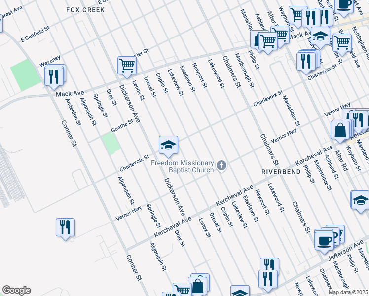 map of restaurants, bars, coffee shops, grocery stores, and more near 13231 Charlevoix Street in Detroit