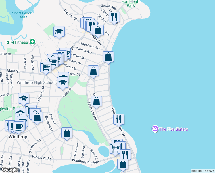 map of restaurants, bars, coffee shops, grocery stores, and more near 212 Winthrop Shore Drive in Winthrop