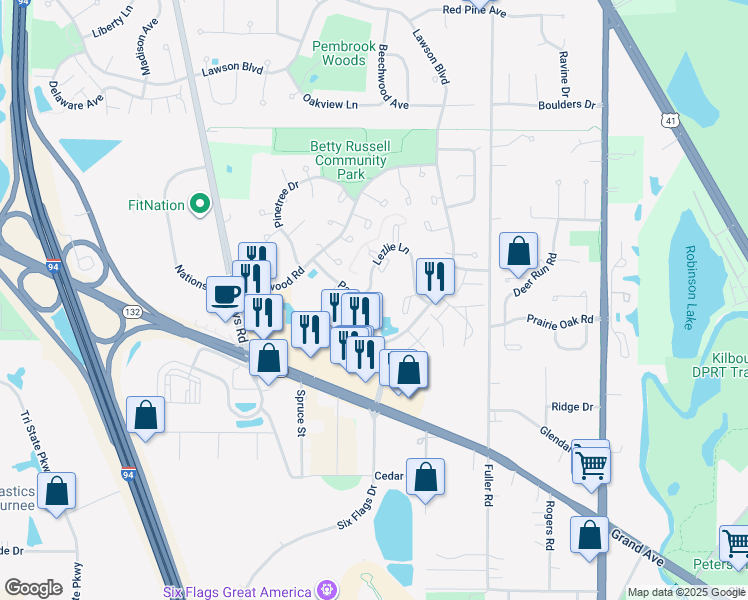 map of restaurants, bars, coffee shops, grocery stores, and more near 5389 Lezlie Lane in Gurnee