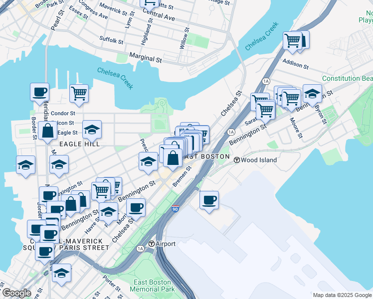 map of restaurants, bars, coffee shops, grocery stores, and more near in Boston