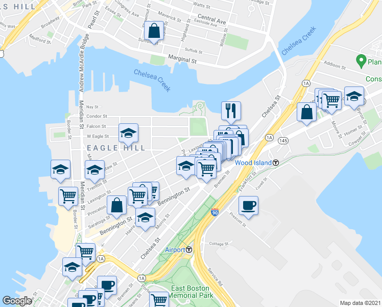 map of restaurants, bars, coffee shops, grocery stores, and more near 286 Lexington Street in Boston