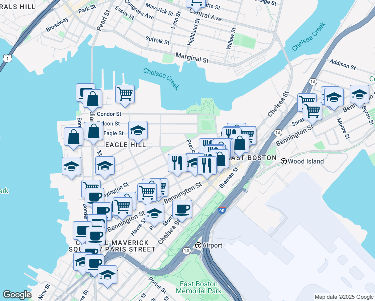 map of restaurants, bars, coffee shops, grocery stores, and more near 217 Trenton Street in Boston