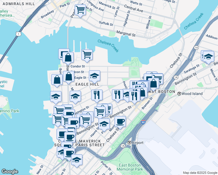 map of restaurants, bars, coffee shops, grocery stores, and more near 217 East Eagle Street in Boston