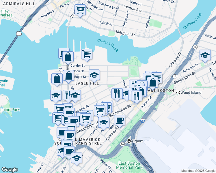 map of restaurants, bars, coffee shops, grocery stores, and more near 88R White Street in Boston