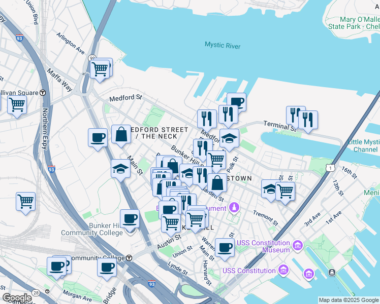 map of restaurants, bars, coffee shops, grocery stores, and more near 16 Hill Street in Boston