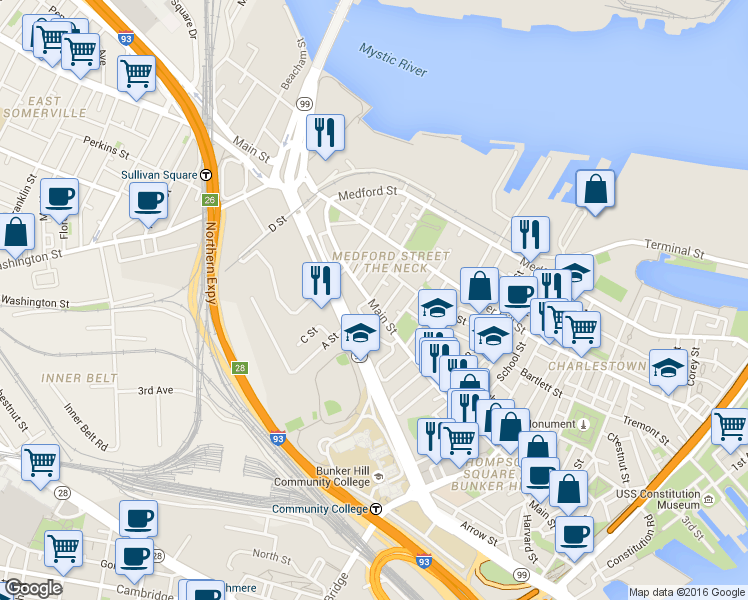 map of restaurants, bars, coffee shops, grocery stores, and more near 3 Albion Place in Boston