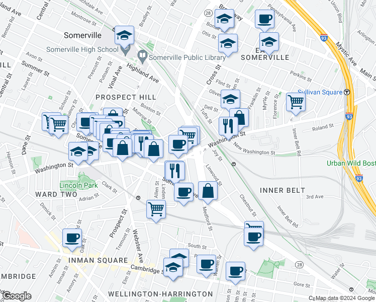 map of restaurants, bars, coffee shops, grocery stores, and more near 22 Boston Street in Somerville