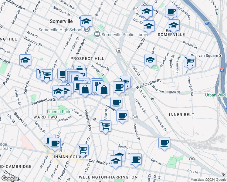 map of restaurants, bars, coffee shops, grocery stores, and more near 24 Prospect Hill Avenue in Somerville