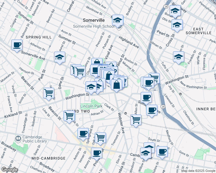 map of restaurants, bars, coffee shops, grocery stores, and more near 26 Bow Street in Somerville