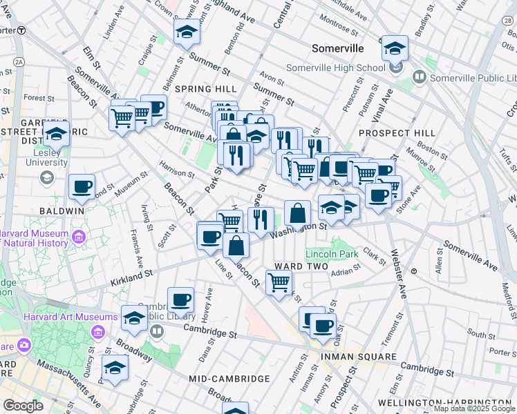 map of restaurants, bars, coffee shops, grocery stores, and more near 35 Dane Street in Somerville