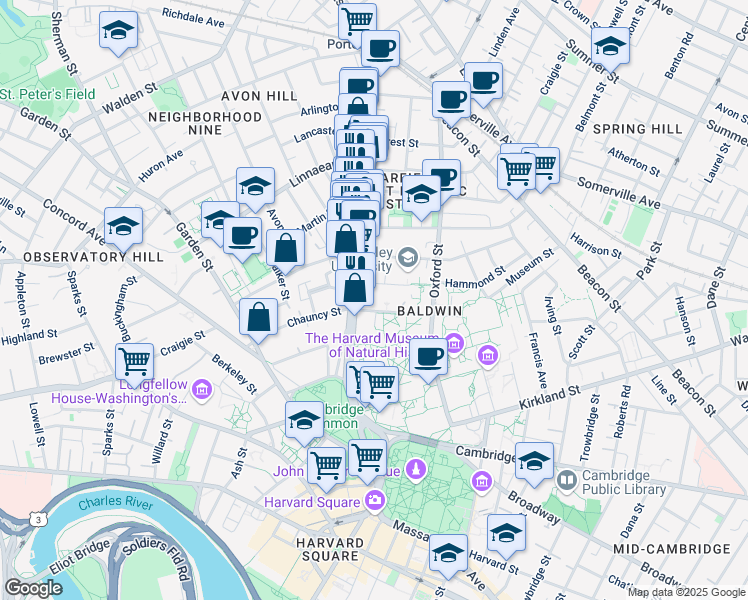 map of restaurants, bars, coffee shops, grocery stores, and more near 1637 Massachusetts Avenue in Cambridge