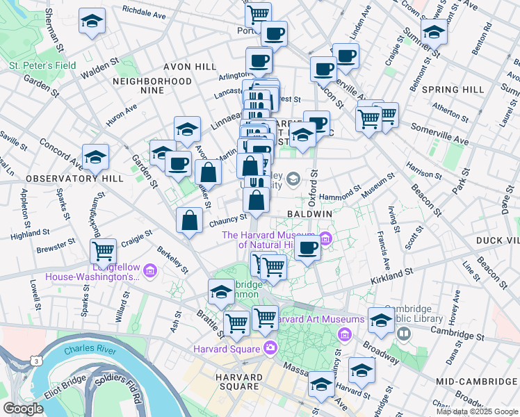 map of restaurants, bars, coffee shops, grocery stores, and more near 1637 Massachusetts Avenue in Cambridge