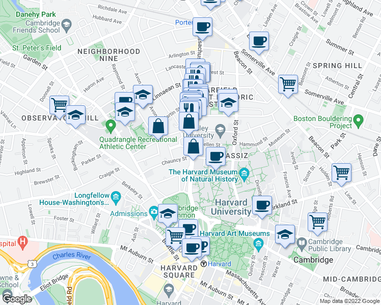 map of restaurants, bars, coffee shops, grocery stores, and more near 1637 Massachusetts Avenue in Cambridge