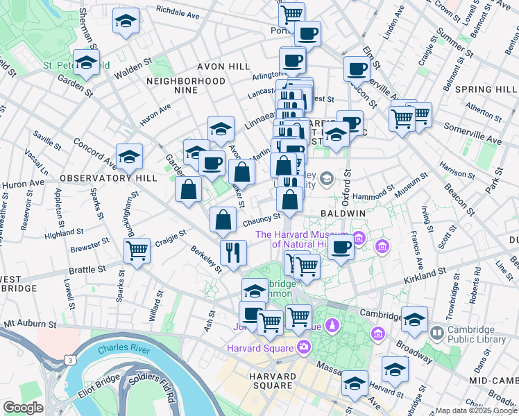 map of restaurants, bars, coffee shops, grocery stores, and more near 19 Rutland Street in Cambridge
