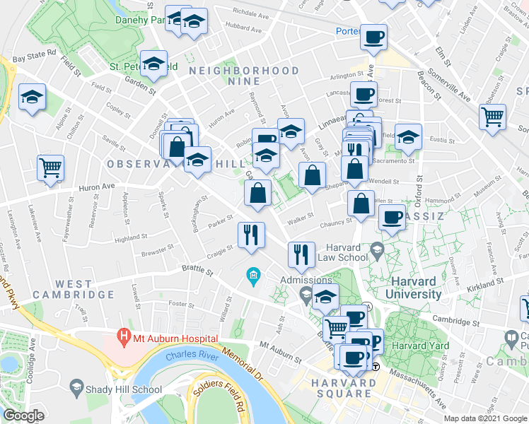 map of restaurants, bars, coffee shops, grocery stores, and more near 59 Shepard Street in Cambridge